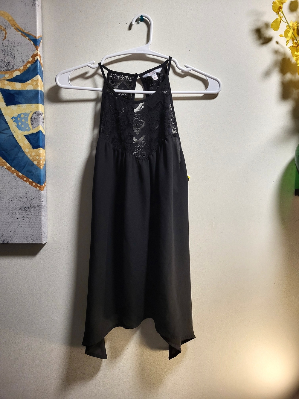 Black Lace Tank Top with Asymmetric Hem